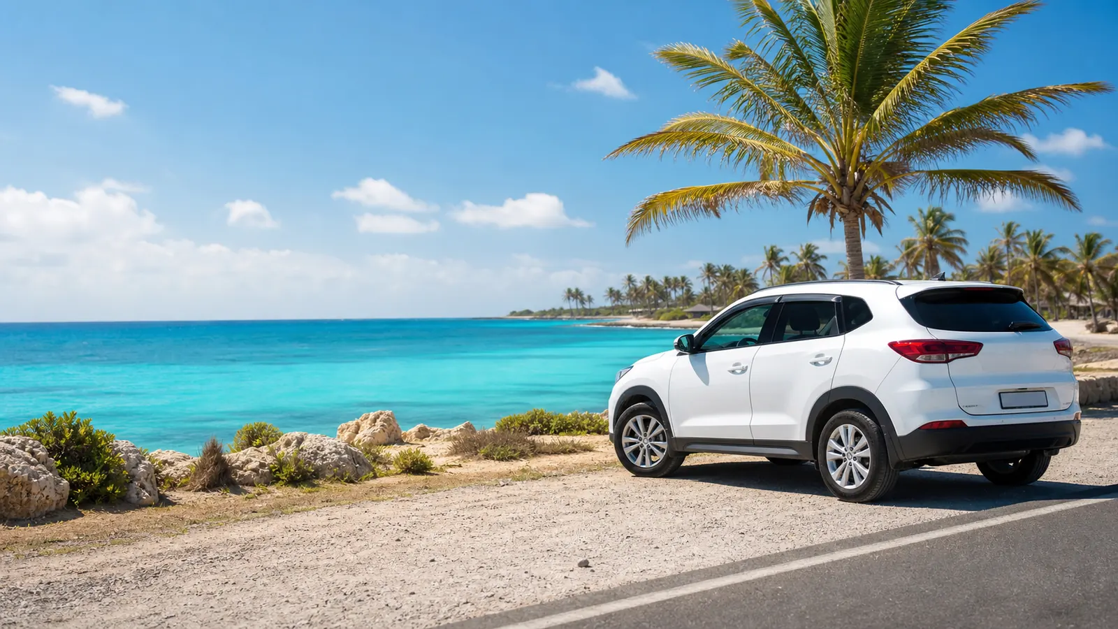 White rental car on the Aruban coast, with palm trees and the sea behind it